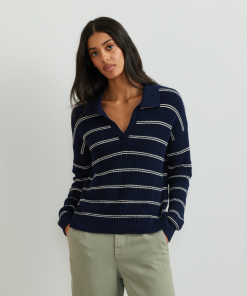 Women's Johnny Collar Striped Sweater